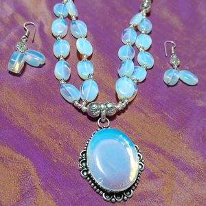 Opalite necklace earrings set handmade silver beaded  rainbow pendant glass gem